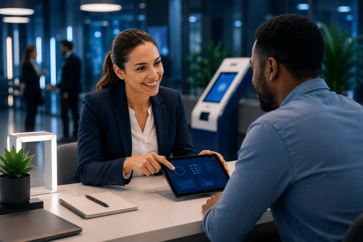 Conseillère et client interagissant avec une tablette pour améliorer l'expérience de service